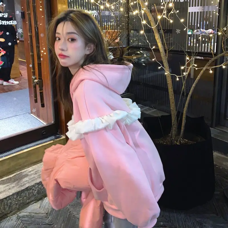 

autumn hooded Sweatshirt woman Korean style fashion cute lotus leaf design loose patchwork college-style trend women clothes