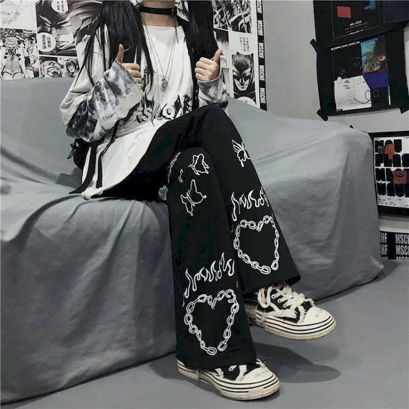

Autumn Winter Pants Women Men Clothes 2021 Korean Harajuku Style Retro Butterfly Print Wide-leg High-waist Casual Trousers