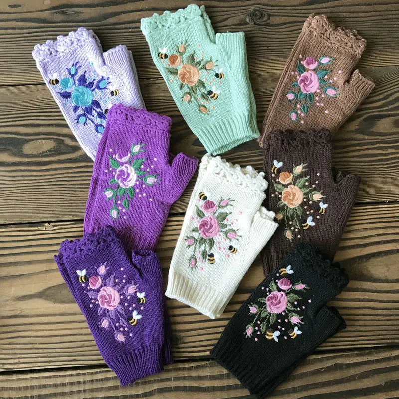 

High Quality Mittens Handmade Embroidery Gloves Autumn Winter Bee Floret Women's Warm Gloves Wool Knitted Adult Driving Gloves