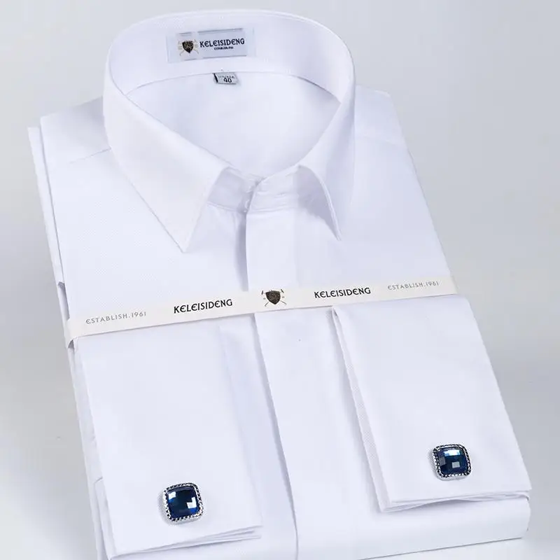 

Men's Classic French Cuff Hidden Button Dress Shirt Long-sleeve Formal Business Standard-fit White Shirts (Cufflinks Included)