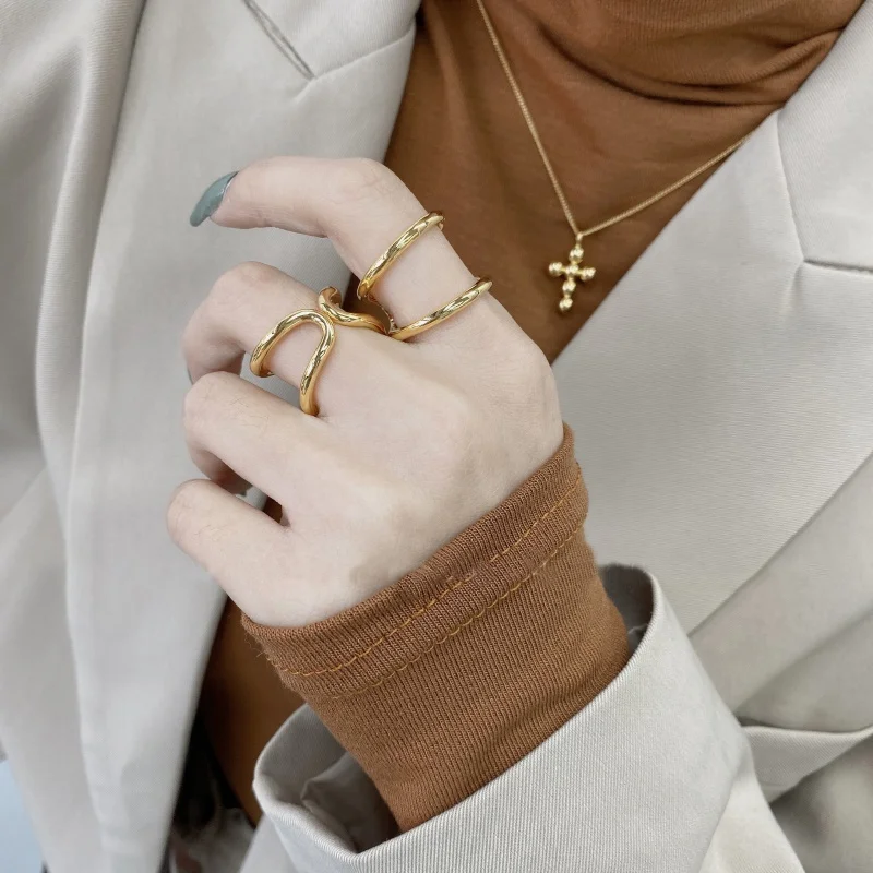 MENGJIQIAO Панк мода двойной пушапом нерегулярные золото Цвет металлические кольца