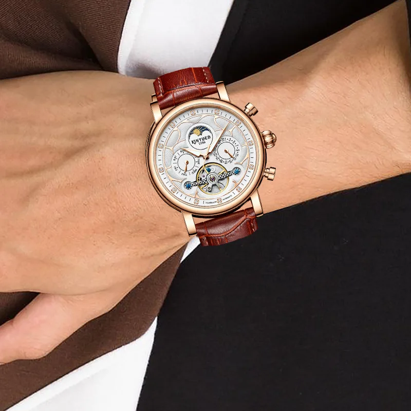 

KINYUED Luxury Tourbillon Automatic Watches for Men Skeleton Mechanical Sport Watch Genuine Leather Fashion Calendar Male Clock