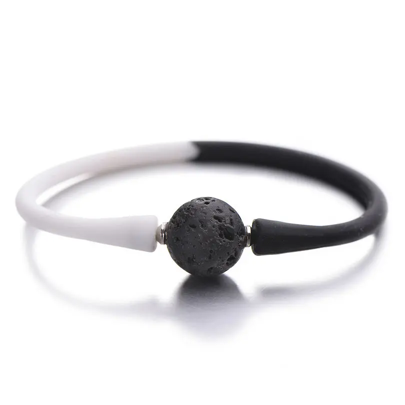 black white lava Pipitree простой силикон Унисекс Браслет 14 мм Инь Ян очаровательные каменные бусины браслеты для женщин мужчин пара ювелирных изделий Pulsera mujer - Окраска металла: black white lava
