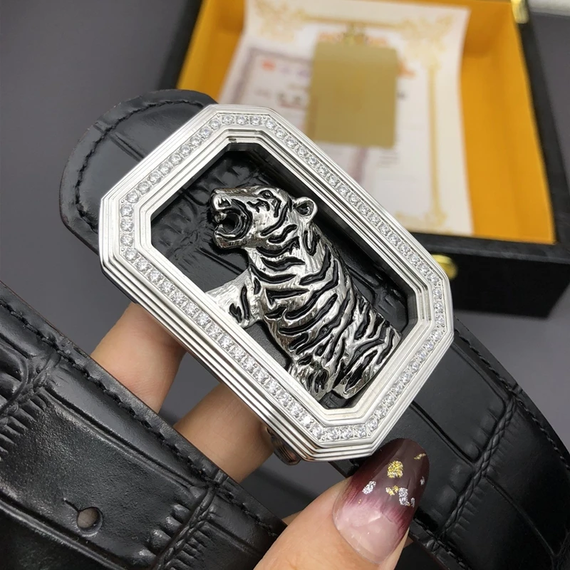 

belts for men luxury designer brand fashion cowhide belt Smooth stainless steel Tiger-shaped buckle leather trousers for men