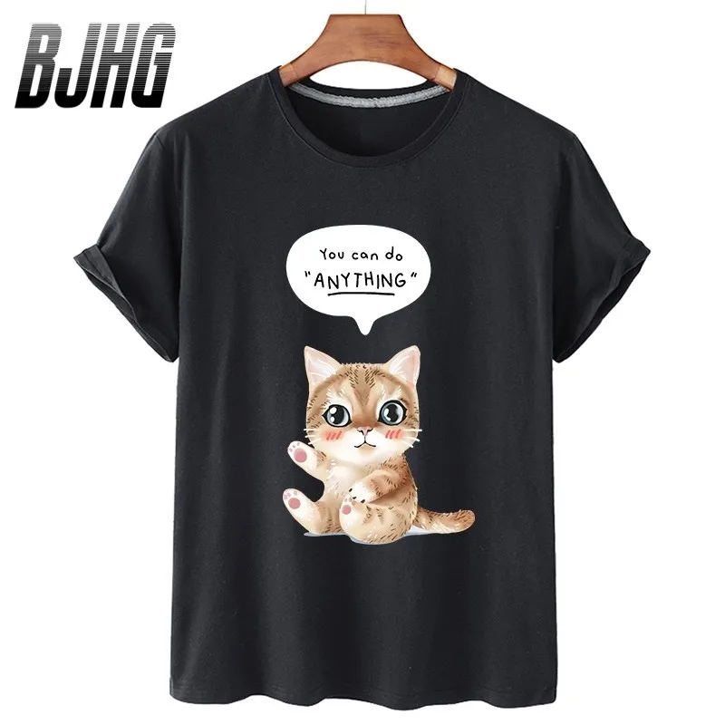 

100% Cotton Cat Cartoon Print Top Short-sleeved T-shirt Female Half-sleeved Summer Casual Oversized T-shirt Male Shirt S-4XL