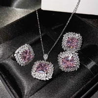 925 silver luxury jewelry female powder zirconium citrine aquamarine necklace ring earring set wedding engagement jewelry