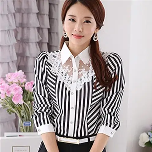 2020 New S Women Lace Blouses Long Sleeve Striped Shirt Casual Kimono OL Work Tops Blusas Femininas Plus Size 3XL 4XL RQ776 |