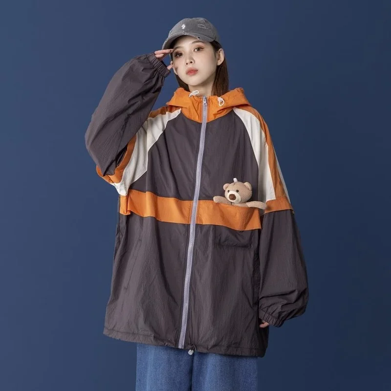 

Basic Jackets Women Patchwork Loose Summer Sun Protection Zipper Hooded Harajuku Streetwear Students Design Popular Chic Soft