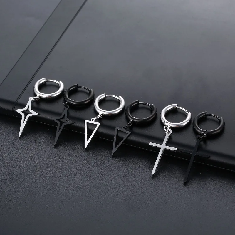 

2021 men's titanium steel stainless steel round wire Earrings hanging four star triangular Pendant Earrings