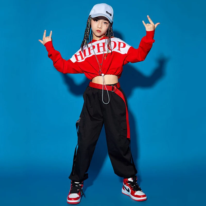 

2021 Jazz Dance Costumes For Girls Crop Tops Black Pants Kids Hip Hop Clothing Modern Ballroom Dance Outfit Catwalk Rave Wear