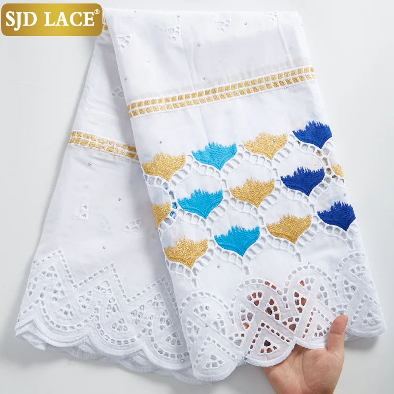 

SJD LACE 100% Cotton African Lace Fabric With Stones Embroidery Swiss Voile Lace In Switzerland Dubai Laces For Wedding SewA2292