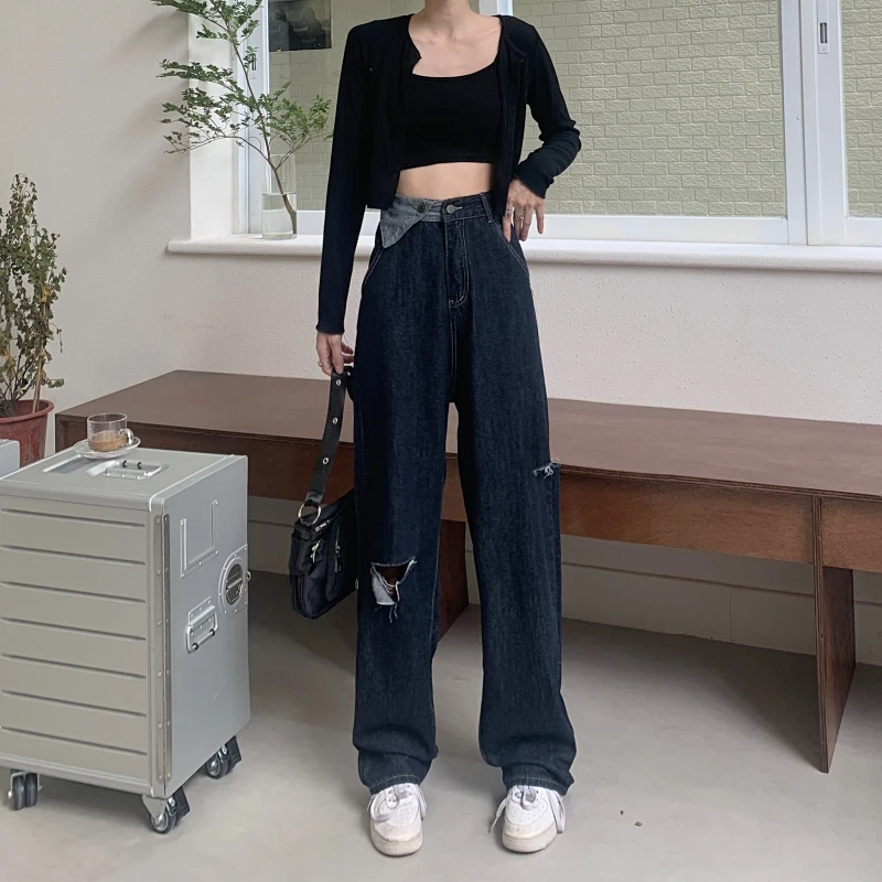 

DD0432 New trend fashion all-match high-waist wide-leg pants women's ripped jeans