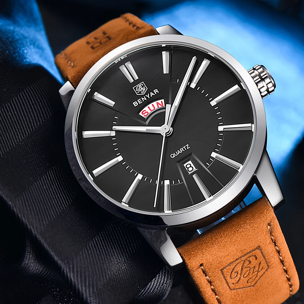 

Часы наручные BENYAR мужские в стиле милитари, брендовые Роскошные деловые модные с кожаным ремешком, с отображением даты и недели
