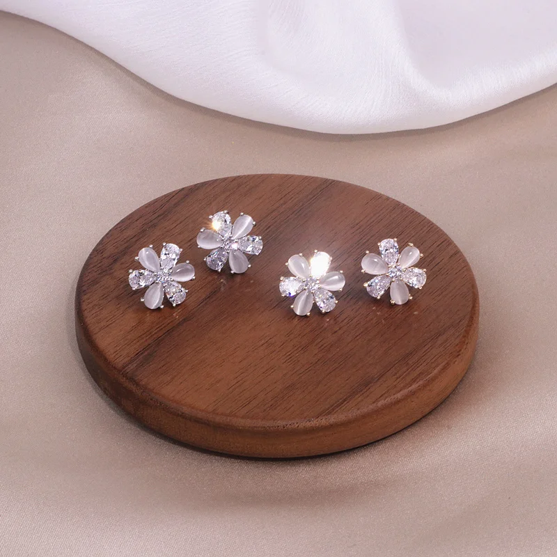 2020 New Elegant Cubic Zircon Crystal Stud Earrings for Women Girls Sweet Opal Flower Earring Korean Fashion Party Jewelry | Украшения и