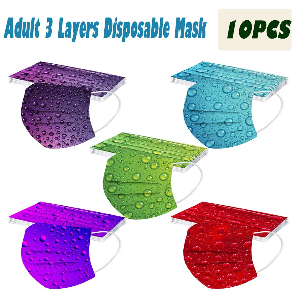 

10pcs Adult Disposable Spunlace Breathable Face Mask Industrial 3Ply Ear Loop Water droplets printing mouth cover for women men
