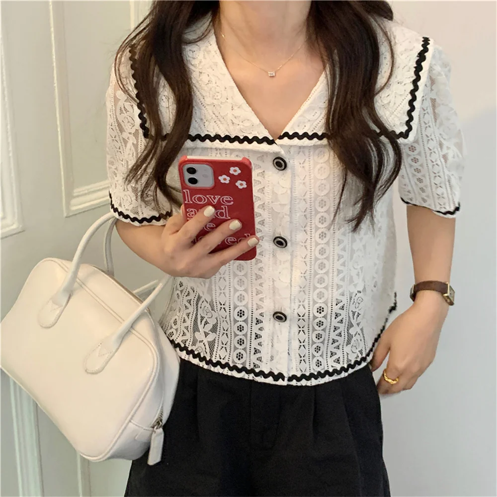 

Elegant Sailor Collar Loose Lace Casual Blouses All Match 2021 Fashion Women Hot Office Lady Vintage Sweet Girls Shirts