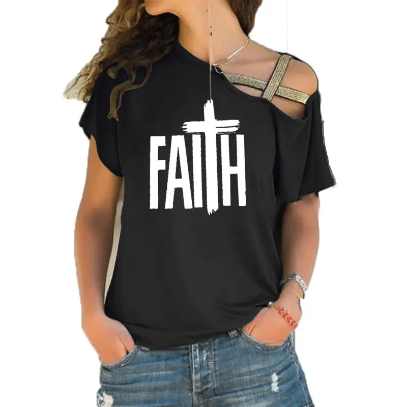 

FAITH Couple T Shirt FAITH Tee Christian slogan cross graphic women believer Jesus shirt Irregular Skew Cross Bandage top