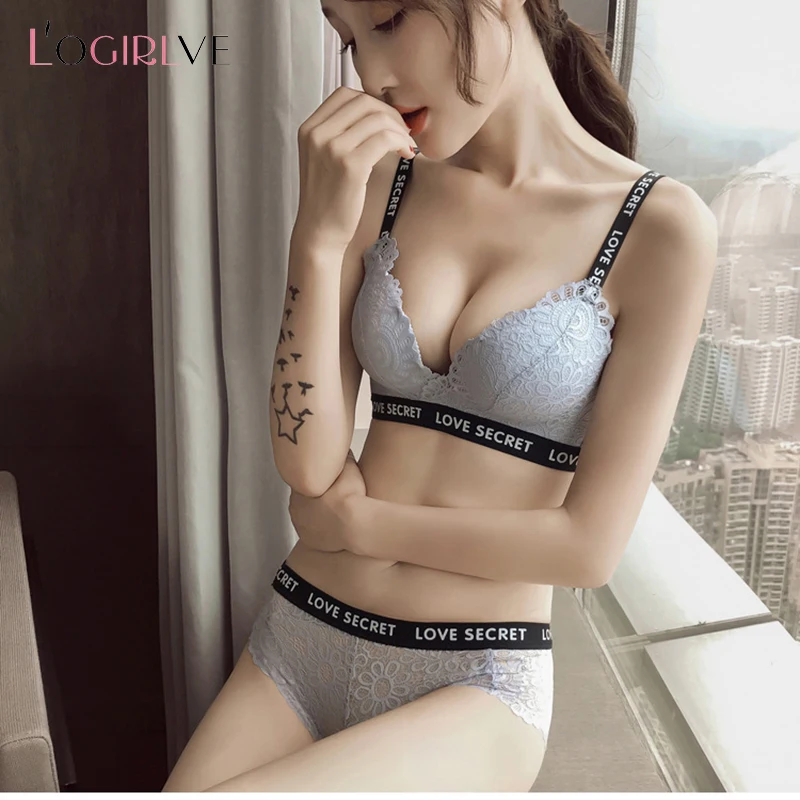 

LogirlveFashion Brassiere Panties Underwear Letter Straps Lace Bras Briefs For Women Push Up Bra Lingerie Set Wire Free Bralette