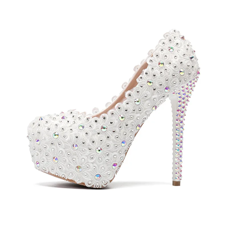 

BaoYaFang/модная обувь на высоком каблуке 14 см свадебные туфли с круглым носком и белыми цветами туфли-лодочки на высоком тонком каблуке с крист...