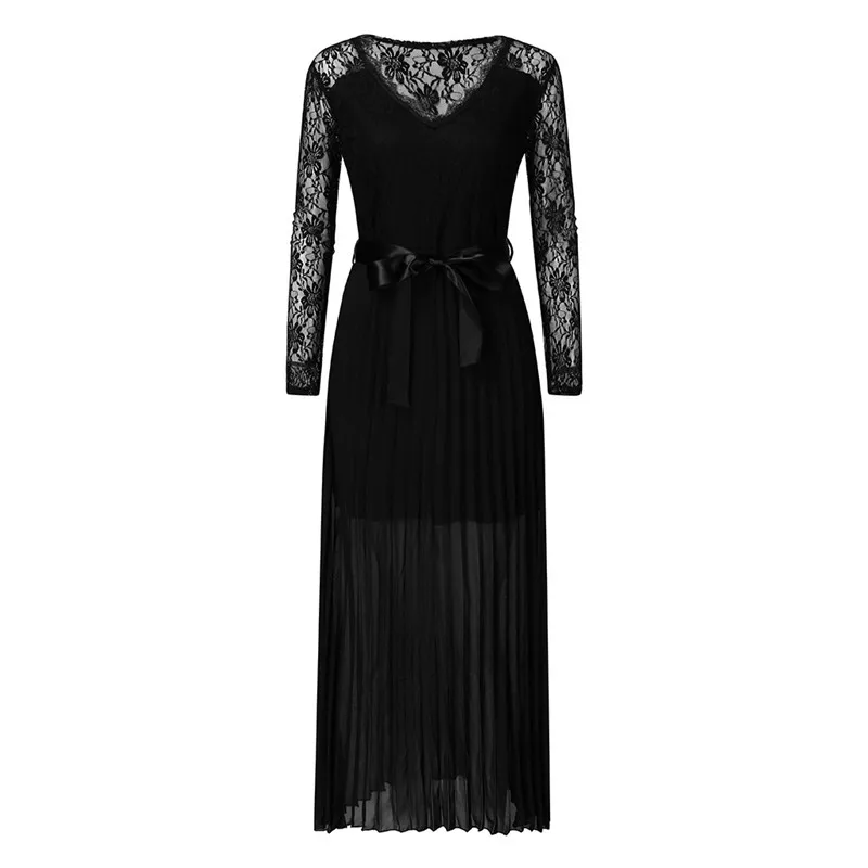 Для женщин кружевные платья-Макси платье 2019 Модные осенние пикантные платья с