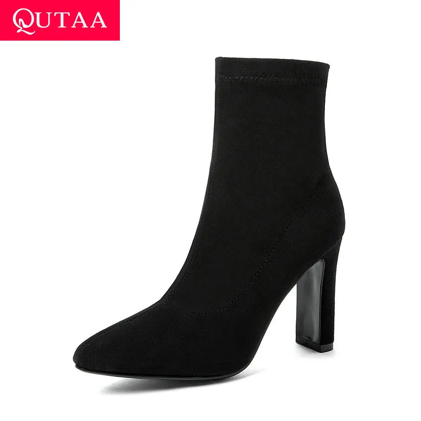 Женские ботильоны без застежки QUTAA черные ботинки из флока на высоком устойчивом