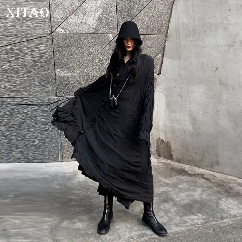 XITAO плиссированное черное платье модное свободное с одной грудью маленькое