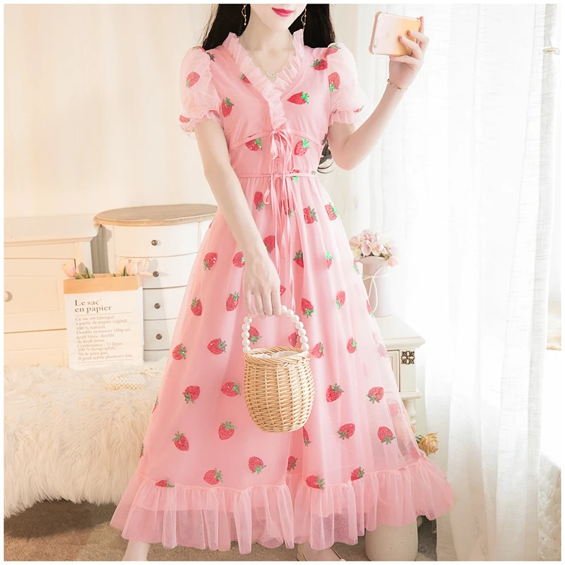 

New Strawberry V-neck Dress French Mesh Short Sleeve Sexy Mid-Length Summer Women Fairy Grunge