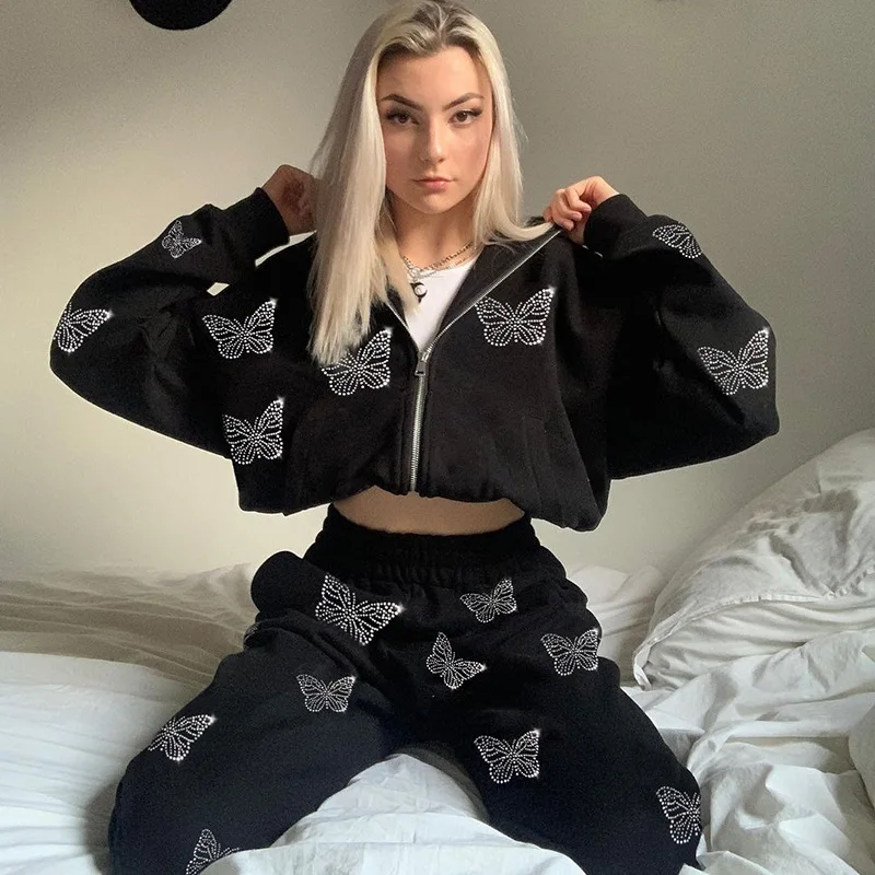 

Hooded sweater suit butterfly hot diamond hit color hooded sweater loose straight trousers casual suit women