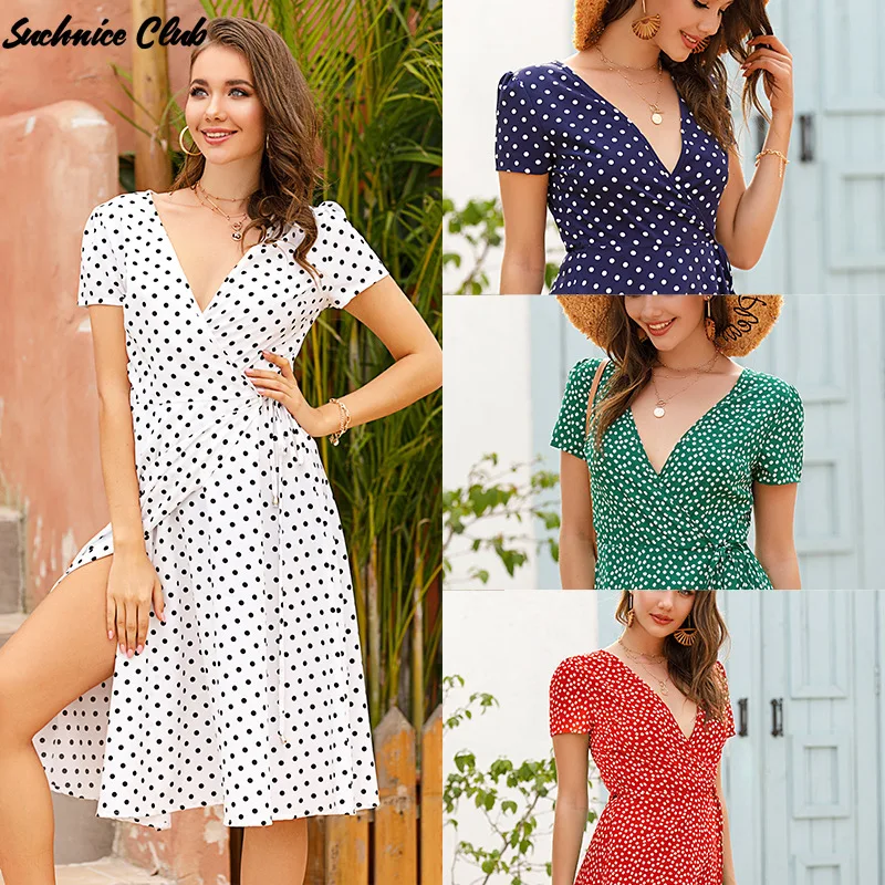 

2021 Summer Woman Sexy Low-cut V-neck Tie Dress Pure Color Polka Dot High Waist Short Sleeve Dresses for Women
