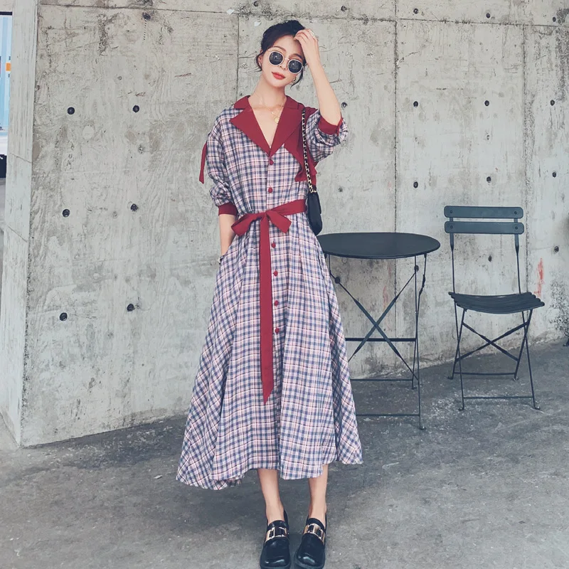 

New 2021 Spring Autumn Fashion French Retro Plaid Stitching Skirt Single Breasted belt High Waist Long Shirt Women's Dress CD6