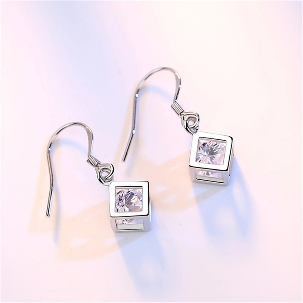 

Luxury Cubic Zirconia Silver Drop Earrings Cube Love Window Boxes Ear Hook Girls Ladies Silver Jewelry Simple Fashion Brand