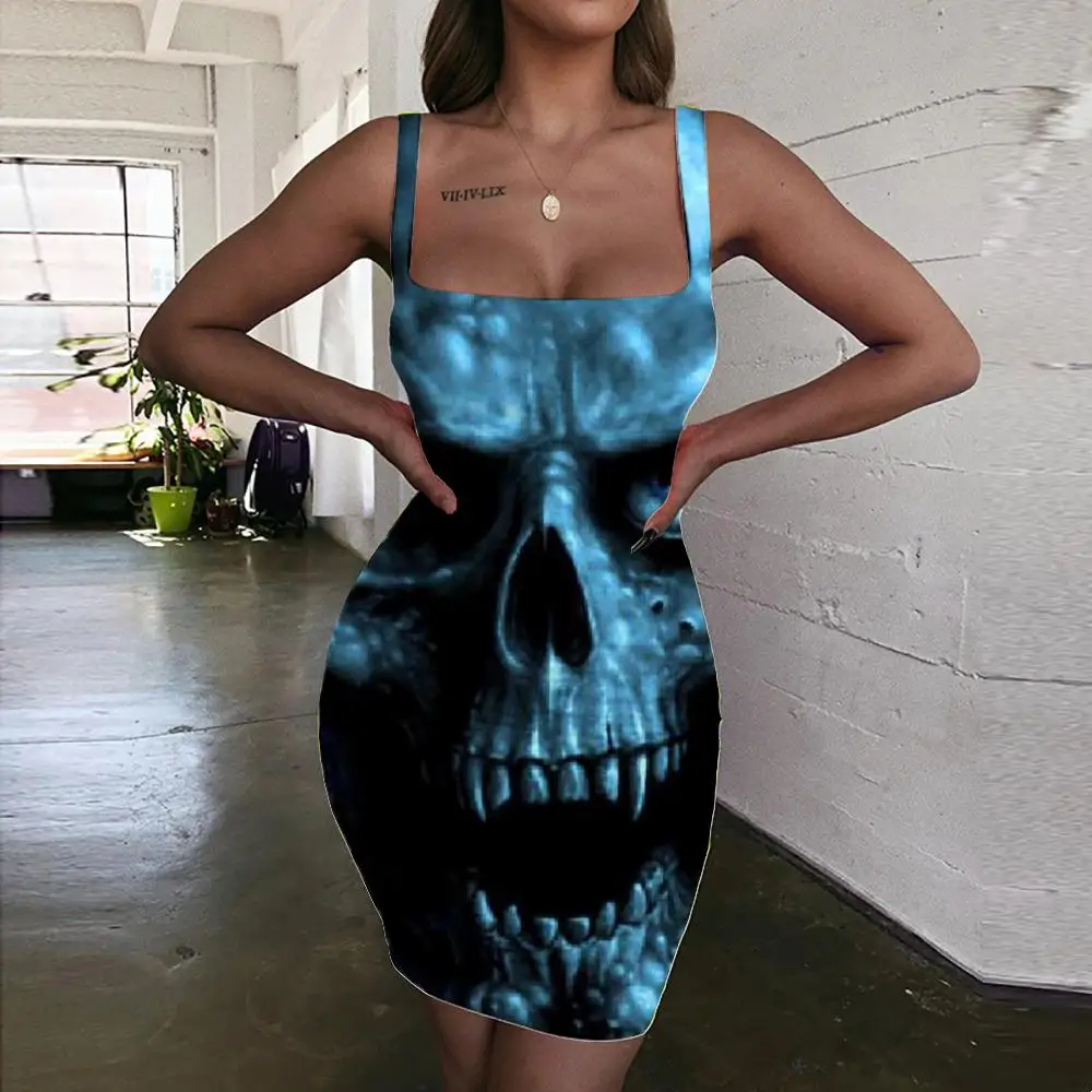 

KYKU Skull Dress Women Bone 3d Print Lightning Sundress Hip Hop Vestido Sexy Womens Clothing Summer Short Boho Fashion