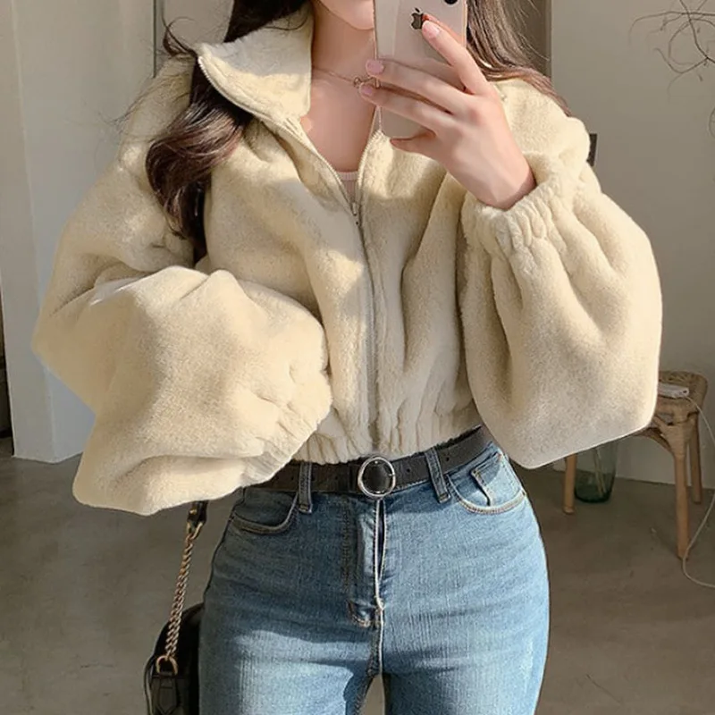 

WEPBEL Plush Coat Winter Fashion Solid Color Warm Loose Coat Women's Casual Lantern Sleeve Zipper Turn-down Collar Coat