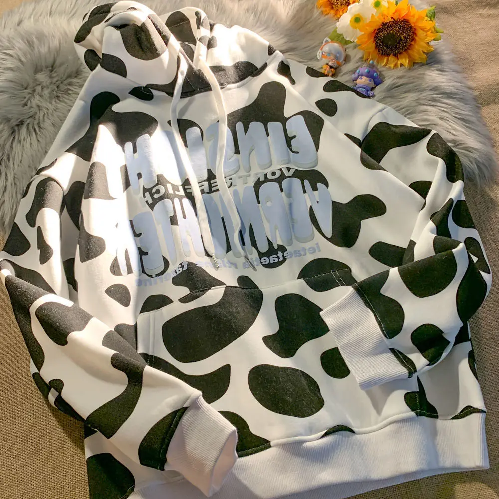 Корейские толстовки с графическим принтом коровы 2021 свитшоты уличная одежда для