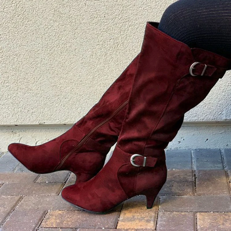 

Women Boots Fashion Leopard Knee High Boots Ladies Suede Leather Vintage Autumn Winter Mid Calf Boots Plus Size 43 Female Shoes