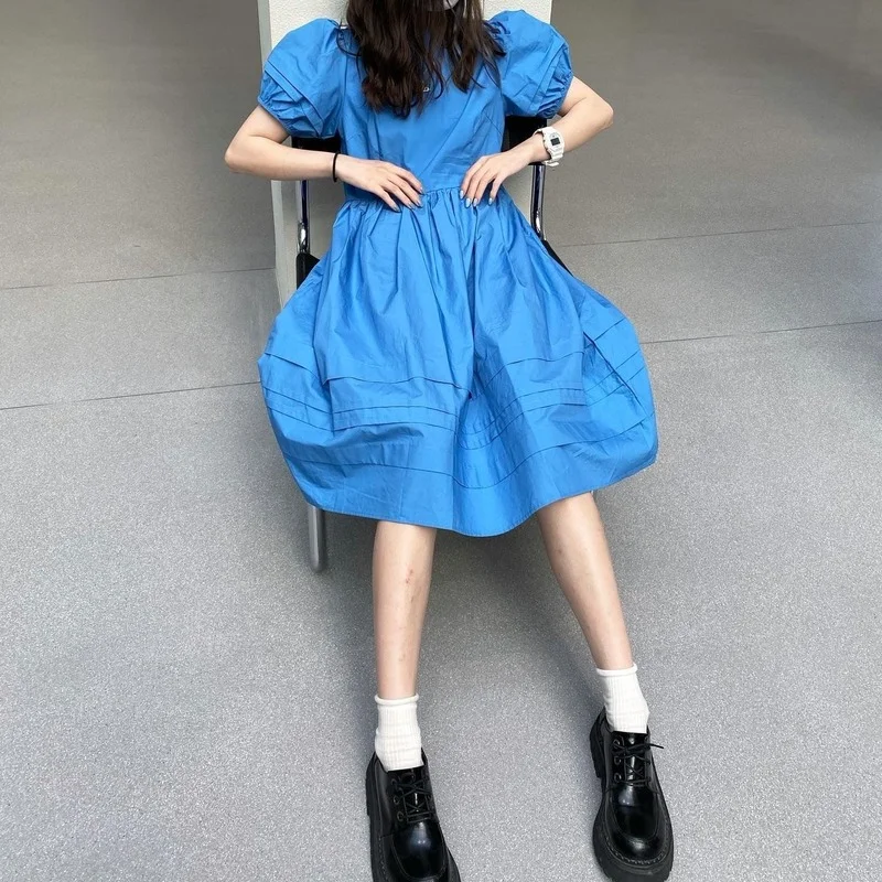 Платья Женские однотонные Ulzzang Простые Летние универсальные с пышными рукавами