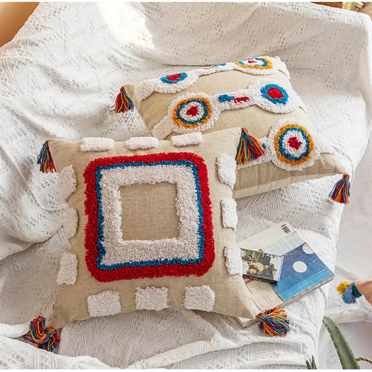 Покрытие для подушки с геометрической вышивкой из золотистого льна, марокканская наволочка с кисточками, прямоугольная подушка размером 45x45 см/30x50 см.