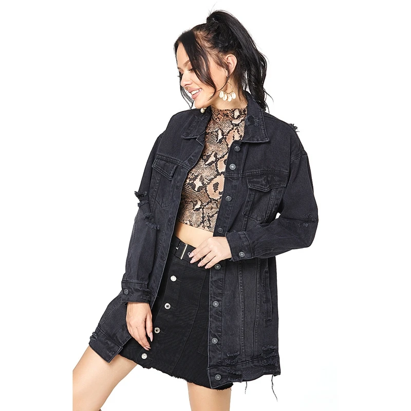 

Black Solid Pocket and Button Front Denim Jacket Coat Women Autumn Streetwear Turn-Down Collar Casual Jackets Outwear