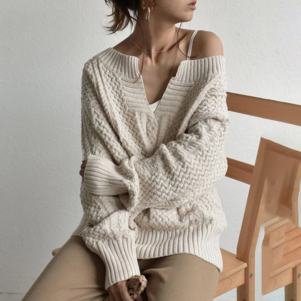 Women Winter Knitted Sweater Female Autumn V Neck Sexy Casual Loose Solid Color Pullovers Knitwear OL Tops Jumper pull femme | Женская