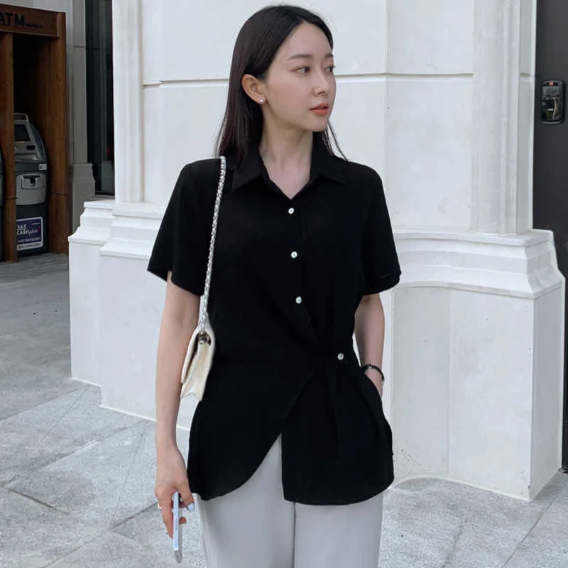 

SHENGPALAE Korea Chic Blouse Women's Summer 2021 New Lapel Irregular Single-breasted Loose Puff Sleeve Shirt Top Female 16E1077