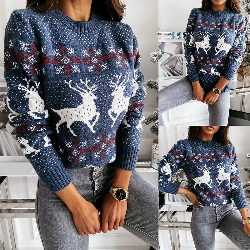 

Autumn y2k Women's Hoodies Christmas Sweater Adults Elk Snowflake Pattern Long Sleeve Round Neck Knitwear Sweatshirt