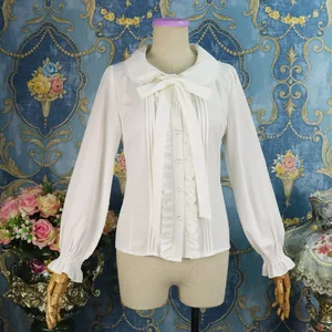 Белая шифоновая блуза с бантом и воротником Питер Пэн, с рукавами-фонариками, блузы в викторианском стиле, готическая одежда в стиле Лолита, винтажная блузка, женский топ в стиле стимпанк