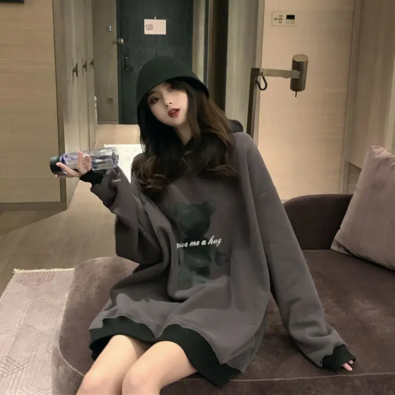 

Lethargic Style Hoodies Women's Contrasting Color Loose Bear Printing Oversized Female Spring-Autumn Thin Pullover Jacket Hoody