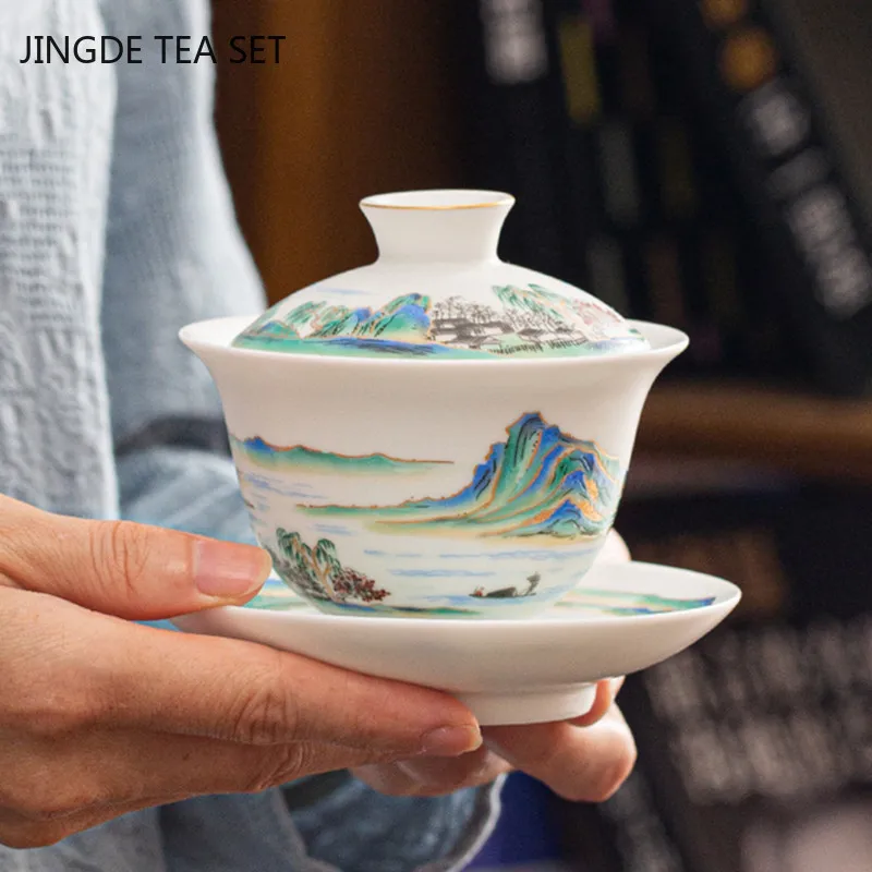 

Бутик белого фарфора Gaiwan ручная роспись чайная чашка путешествия чай Tureen китайская керамическая чайная посуда для напитков Личная чашка 150 ...