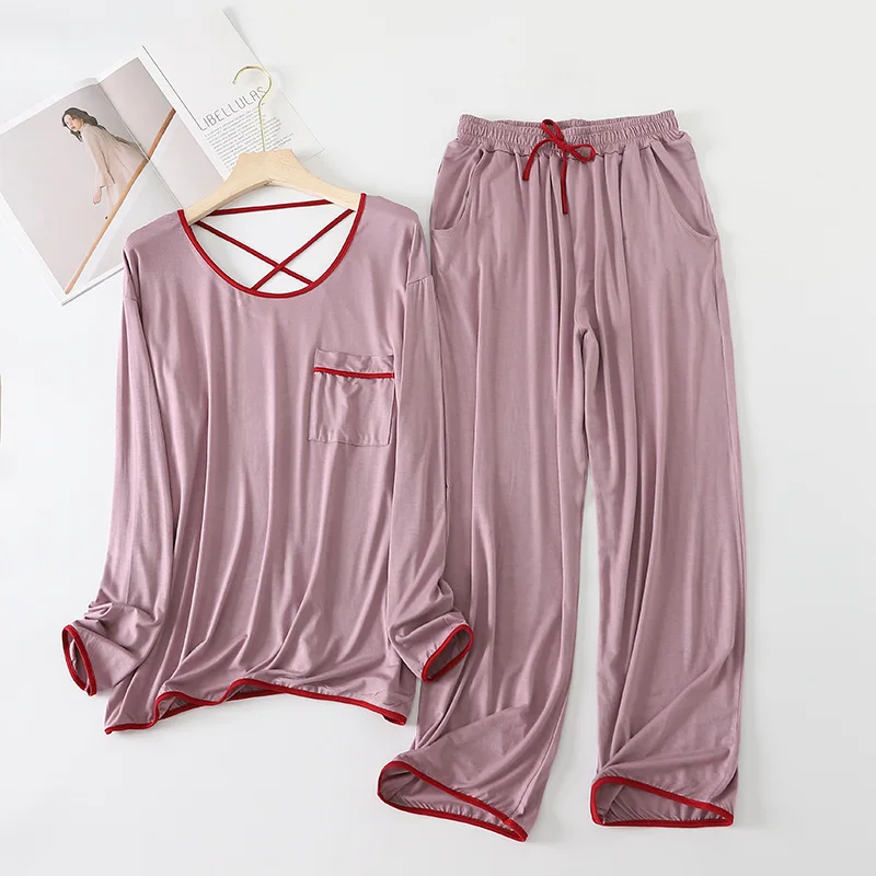 

Пижамы из модала, женское домашнее платье, комплект нижнего белья в весеннем стиле с длинным рукавом и брюками, большого размера, с круглым в...