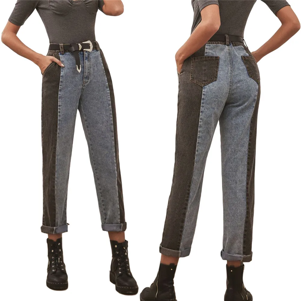 

Женские разноцветные джинсы с карманами, черные прямые брюки с высокой талией, длинные брюки, одежда для осени и весны