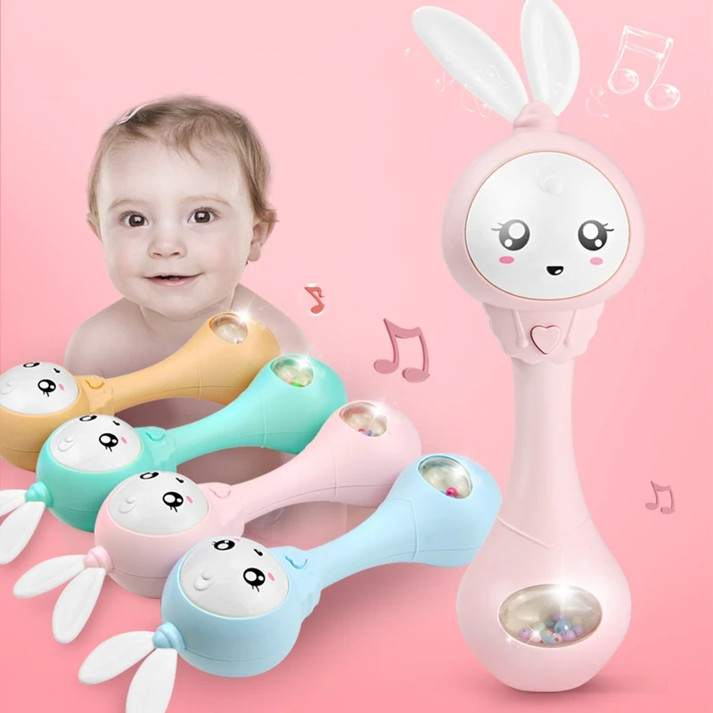 

0-12M Musical Flashing Baby Rattles Infant Hand Bells 4 Colors Cute Rabbit Hand Bells Rattle Newborn Early Educational Toys