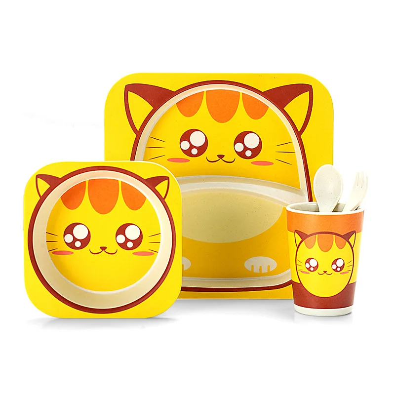 

5Pcs/Set Baby Feeding Bowl Plate Dishes Fork Spoon Cup Children Tableware Bamboo Fiber Kids Cartoon Separation Feeding Plate