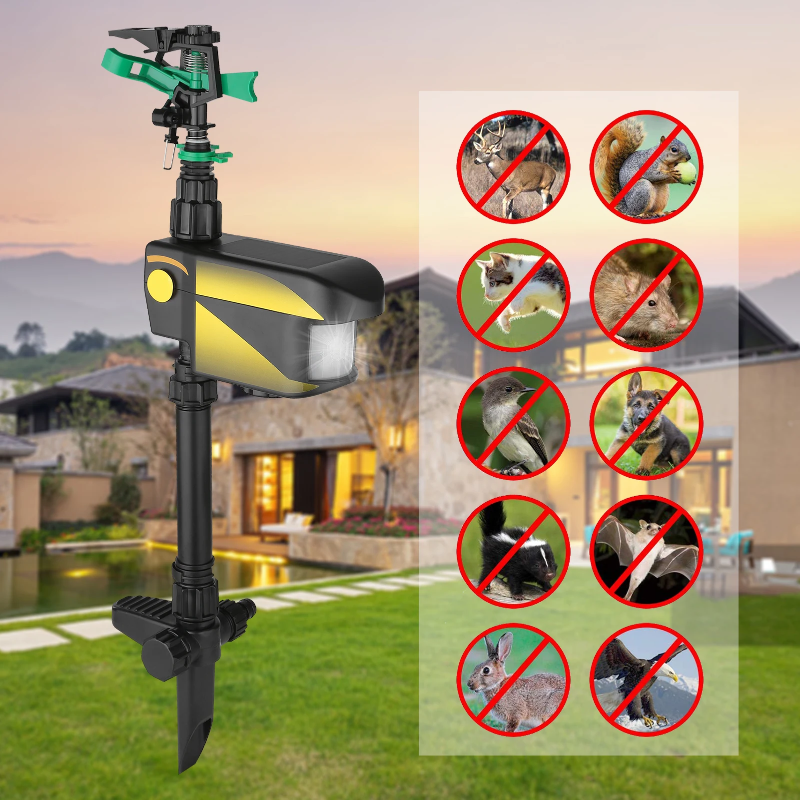 

Solar Power Motion-Activated Animal Repeller Yard Enforcer Motion-Activated Sprinkler with 3 Time Modes Adjustable Sprayer