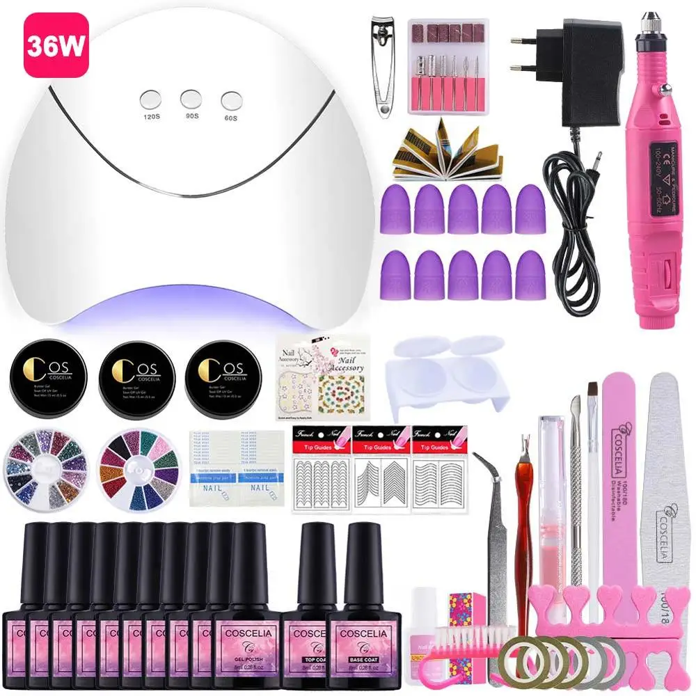 36W Nail Kit 02 24 Вт/36 Вт/54 Вт Светодиодная УФ-лампа для ногтей, маникюрный набор, акриловый набор для наращивания ногтей, 10 цветов, лак для ногтей, УФ-гель, все для маникюра - Цвет: 36W Nail Kit 02